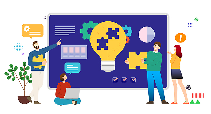 전신 응시 여자 남자 화분 말풍선 일러스트 전구 회의 협력 아이디어 직장 함께함 대화 서기 들기 앉기 여러명 성인 노트북 가리킴 비즈니스맨 비즈니스우먼 느낌표 동료 퍼즐조각 창업 전구모양 성인만 벤처기업 국내일러스트 AI파일 모양 기호 시선 조각 다수 컨셉 회사 비즈니스 관계 모션 말하기 사람 손짓 전자제품 직장인 퍼즐 자영업 파일형식 벡터