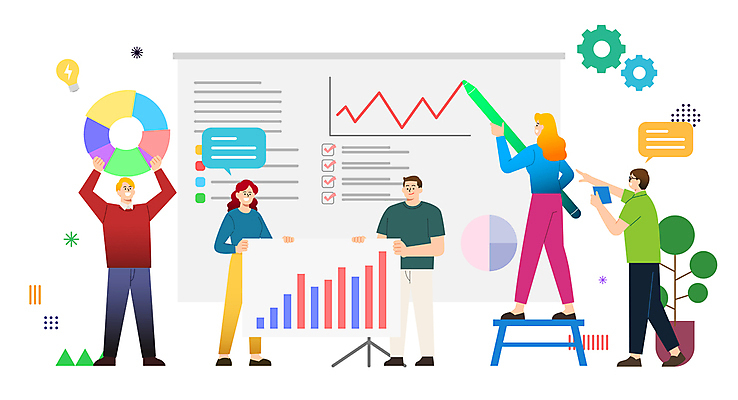 전신 응시 여자 남자 화분 말풍선 일러스트 회의 그래프 협력 직장 함께함 대화 서기 들기 여러명 성인 펜 가리킴 비즈니스맨 비즈니스우먼 동료 톱니바퀴 창업 롤스크린 성인만 벤처기업 국내일러스트 AI파일 시선 다수 컨셉 회사 비즈니스 관계 모션 말하기 사람 손짓 필기구 스크린 직장인 자영업 파일형식 벡터