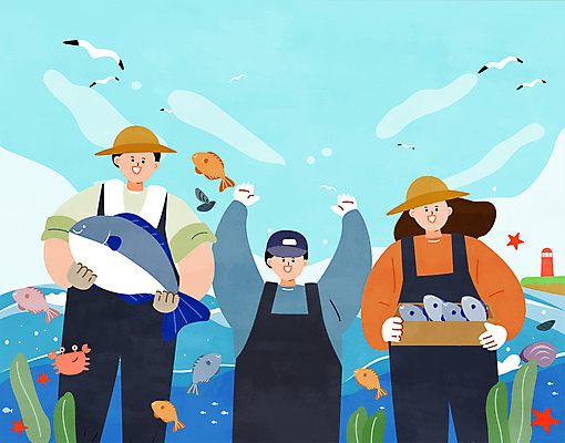 전신 모자 여자 남자 어린이 바다 장갑 일러스트 가족 갈매기 조개 불가사리 등대 작업복 어류 어업 웃음 들기 소년 상반신 성인 세명 파란색 상자 만세 게 해초 어부 어촌 귀어 수산인의날 국내일러스트 AI파일 직업 잡화 옷 산업 컬러 관계 모션 조류 어패류 극피동물 표정 갑각류 사람 수중동물 시골 해조류 파일형식 벡터 법정기념일