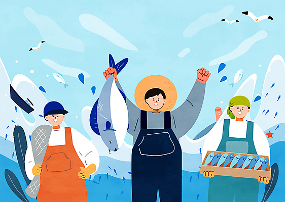 모자 남자 바다 장갑 일러스트 갈매기 불가사리 등대 작업복 두건 어류 어업 들기 상반신 성인 세명 파란색 상자 앞치마 기쁨 그물 해초 어부 어촌 월척 성인남자만 물고기떼 귀어 수산인의날 국내일러스트 AI파일 직업 잡화 옷 감정 산업 컬러 모션 조류 극피동물 사람 수중동물 시골 해조류 남자만 성인만 파일형식 벡터 법정기념일