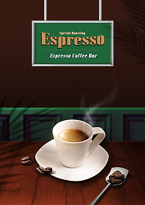 PSD 나무 편집이미지 커피 나뭇잎 바닥 간판 그림자 타이포그라피 사람없음 초록색 갈색 원두 커피잔 티스푼 컵받침 에스프레소 에스프레소바 이미지편집 식물 문자 음료 컬러 잎 잔 숟가락 카페 받침대 파일형식