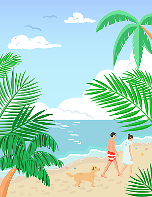 전신 구름 한마리 여자 남자 수영복 바다 일러스트 갈매기 조개 불가사리 해변 두명 여름휴가 바캉스 야자수 걷기 산책 강아지 발자국 열대잎 성인만 국내일러스트 펫캉스 AI파일 자연요소 나무 1 옷 잎 자국 모션 조류 휴가 어패류 휴식 극피동물 사람 반려동물 개 파일형식 벡터 여름_계절