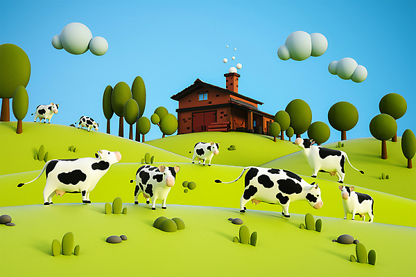 PSD 나무 구름 편집 편집이미지 여러마리 주택 굴뚝 사람없음 농장 3D소스 3D 목장 돌_바위 풀 연기 방목 젖소 디지털합성 얼룩소 편집소스 편집3D 자연요소 식물 다수 농업 건물 소 축산업 파일형식