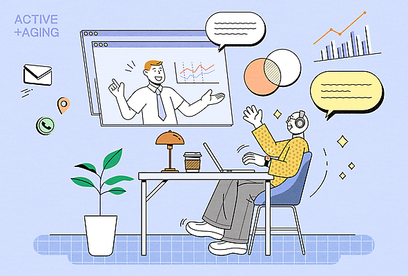 전신 남자 화분 중년 하늘색 말풍선 의자 일러스트 그래프 대화 앉기 상반신 성인 두명 노트북 헤드셋 스탠드 업무 비즈니스맨 이메일 책상 활기 인터넷창 테이크아웃컵 화상통화 남자만 액티브시니어 국내일러스트 AI파일 음향기기 가구 컨셉 인터넷 비즈니스 모션 조명 말하기 사람 컵 파란색 전자제품 실버라이프 헤드폰 작업 직장인 통화 파일형식 벡터