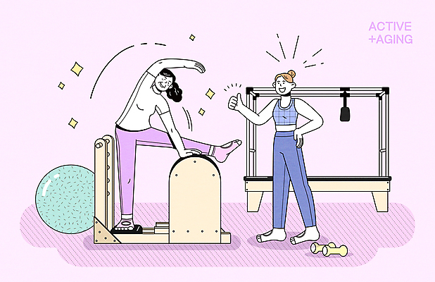 전신 여자 분홍색 중년 허리손 일러스트 성인 취미 두명 운동복 운동 아령 최고 짐볼 트레이너 활기 필라테스 여자만 기구필라테스 액티브시니어 국내일러스트 AI파일 옷 컬러 포즈 컨셉 건강 사람 실버라이프 헬스 파일형식 벡터