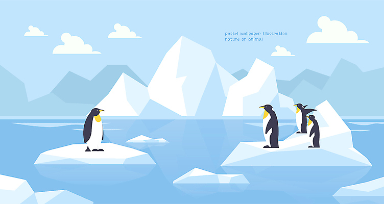 구름 바다 하늘색 백그라운드 여러마리 일러스트 자연 벽지 풍경 사람없음 얼음 남극 펭귄 빙하 빙산 황제펭귄 국내일러스트 AI파일 자연요소 다수 조류 파란색 극지방 생태계 파일형식 벡터