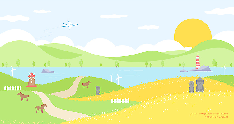 나무 구름 바다 백그라운드 일러스트 자연 벽지 산 비행기 등대 풍경 사람없음 연두색 울타리 태양 제주도 노란색 풍차 말_동물 돌하르방 유채 유채밭 국내일러스트 AI파일 자연요소 식물 꽃 컬러 밭 포유류 항공교통 대중교통 한국 초록색 담장 생태계 파일형식 벡터