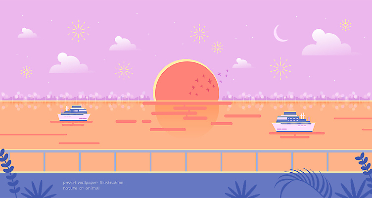 구름 분홍색 백그라운드 일러스트 난간 벽지 폭죽 풍경 사람없음 강 태양 노을 주황색 일몰 풀 저녁 초승달 유람선 국내일러스트 AI파일 자연요소 식물 컬러 배_교통 달 야간 파일형식 벡터