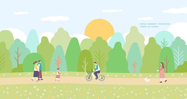 전신 나무 구름 공원 여자 남자 꽃 반려견 어린이 백그라운드 일러스트 가족 벽지 풍경 소녀 여러명 성인 초록색 태양 걷기 자전거 산책 산책로 잡기 승차 목줄 국내일러스트 AI파일 자연요소 식물 공공시설 길 컬러 다수 관계 모션 휴식 사람 반려동물 바이크 개 파일형식 벡터 반려용품