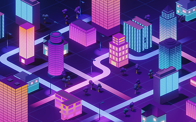 EPS 해외이미지 나무 길 가로등 일러스트 주택 사람없음 건물 파란색 빛 3D 보라색 고층빌딩 도시 네온 그라데이션 스카이라인 해외일러스트 식물 건축물 공공시설 컬러 빌딩 디지털합성 파일형식 벡터 이미지허브