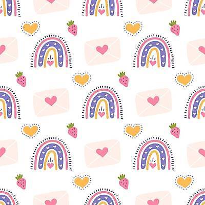 EPS 해외이미지 백그라운드 무지개 패턴 일러스트 딸기 사람없음 보라색 하트 러브레터 해외일러스트 자연요소 모양 컬러 무늬 과일 편지 파일형식 벡터 이미지허브