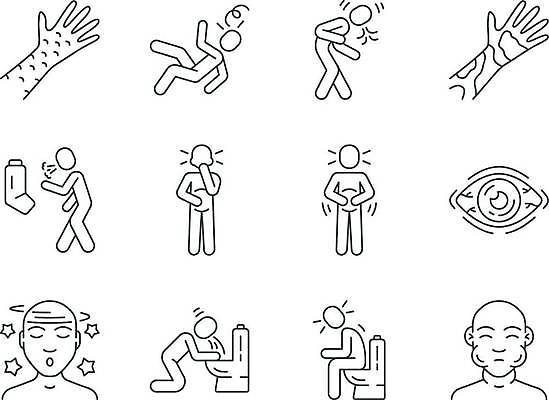 EPS 해외이미지 손 일러스트 사람모양 신체부위 세트 감염 두드러기 복통 식중독 인플루엔자 증상 천식 현기증 천식흡입기 해외일러스트 모양 사람 의학용품 바이러스 질병 알레르기 파일형식 벡터 이미지허브