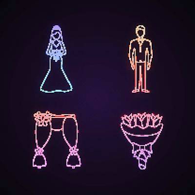 EPS 해외이미지 부케 웨딩드레스 결혼 일러스트 결혼식 사람모양 정장 턱시도 사람없음 빛 커튼 네온 신랑신부 네온아트 해외일러스트 모양 드레스 옷 신부_웨딩 꽃다발 신랑 이벤트 파일형식 벡터 이미지허브