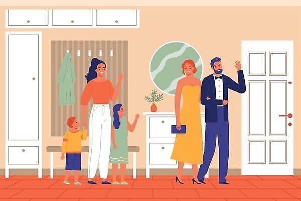 EPS 해외이미지 전신 드레스 여자 남자 어린이 일러스트 가족 서기 정장 소년 여러명 성인 부모 문 팔짱 거울 손인사 파티복 보모 마중 코랄 해외일러스트 옷 컬러 다수 관계 모션 사람 파티 인사 파일형식 벡터 이미지허브