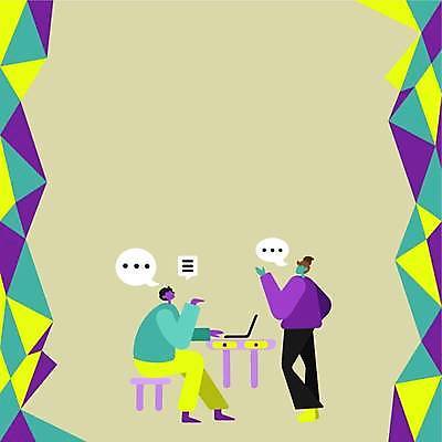 EPS 해외이미지 전신 여자 남자 백그라운드 말풍선 의자 일러스트 비즈니스 아이디어 성인 두명 초록색 노트북 책상 다화병 성인만 카피스페이스 해외일러스트 컬러 가구 컨셉 사람 전자제품 꽃병 공백 파일형식 벡터 이미지허브