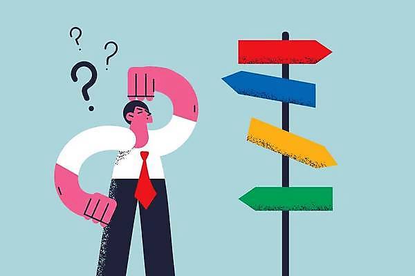 EPS 해외이미지 남자 컨셉 일러스트 비즈니스 한명 상반신 성인 손들기 물음표 표지판 비즈니스맨 방향 의문 혼란 성인남자한명만 해외일러스트 1 기호 모션 알림판 사람 직장인 남자한명만 성인남자만 파일형식 벡터 이미지허브