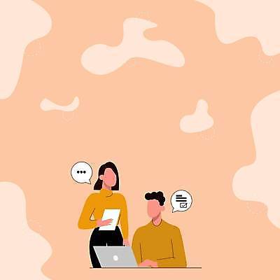 EPS 해외이미지 여자 남자 백그라운드 말풍선 일러스트 비즈니스 아이디어 대화 들기 상반신 성인 두명 노트북 체크표시 문서 베이지색 성인만 카피스페이스 해외일러스트 컬러 컨셉 모션 말하기 사람 전자제품 공백 확인 파일형식 벡터 이미지허브