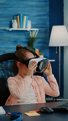 포토 JPG 해외이미지 여자 어린이 한명 앉기 상반신 앞모습 학습 키보드 메모지 잡기 마우스 스마트 책상 하이테크 착용 웨어러블 가상현실 소녀한명만 오큘러스 VR기기 해외포토 1 교육 뷰포인트 가구 컨셉 모션 기술 사람 컴퓨터용품 사무용품 기계 여자한명만 소녀만 파일형식 이미지허브