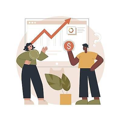 EPS 해외이미지 전신 라이프스타일 여자 남자 화분 허리손 돈 일러스트 돋보기 들기 손짓 성인 두명 분석 상승 성인만 해외일러스트 포즈 컨셉 모션 사람 생활 재산 파일형식 벡터 이미지허브