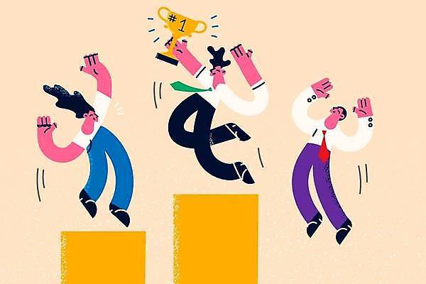 EPS 해외이미지 여자 남자 일러스트 비즈니스 성공 들기 성인 세명 점프 축하 우승 상패 트로피 단상 승자 성인만 해외일러스트 컨셉 모션 사람 최고 상_우승 파일형식 벡터 이미지허브