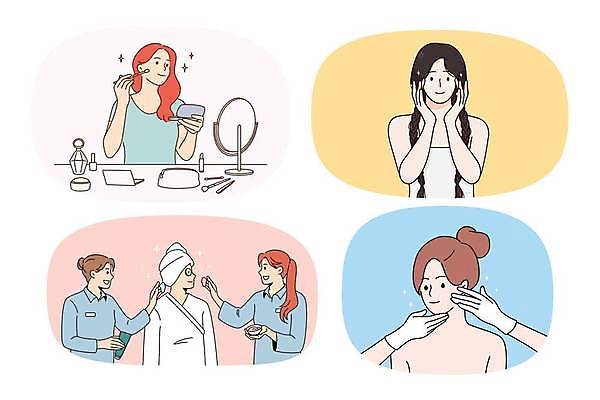 EPS 해외이미지 여자 장갑 일러스트 관리 여러명 상반신 성인 수건 화장 뷰티 거울 목욕가운 크림 향수 피부관리 바르기 메이크업브러쉬 피부관리사 성인여자만 해외일러스트 직업 잡화 다수 모션 사람 위생용품 화장품 붓 가운 여자만 성인만 파일형식 벡터 이미지허브