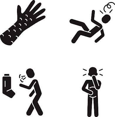 EPS 해외이미지 실루엣 일러스트 사람모양 세트 두드러기 천식 현기증 구역질 천식흡입기 해외일러스트 모양 촬영기법 의학용품 질병 알레르기 구토 증상 파일형식 벡터 이미지허브