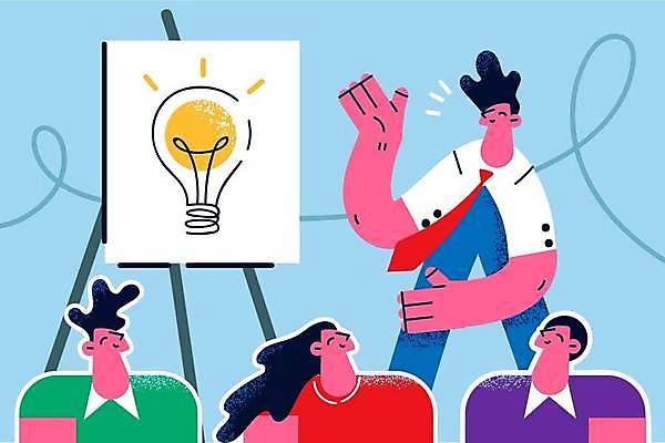 EPS 해외이미지 여자 남자 일러스트 전구 협력 아이디어 서기 웃음 여러명 상반신 성인 비즈니스맨 비즈니스우먼 발표 이젤 그림 캔버스 성인만 해외일러스트 다수 컨셉 비즈니스 모션 표정 사람 미술도구 직장인 파일형식 벡터 이미지허브