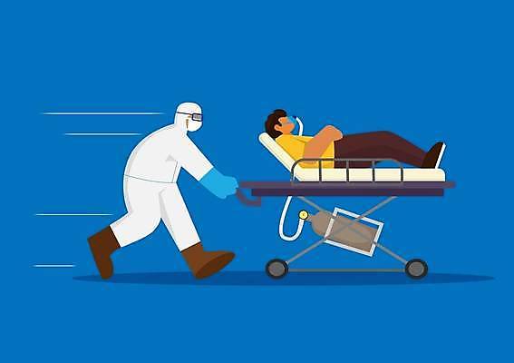 EPS 해외이미지 전신 남자 일러스트 건강 서기 성인 두명 파란색 눕기 달리기 건강관리 의사 응급 산소마스크 수술침대 응급수송 응급환자 성인남자만 방역복 해외일러스트 옷 컬러 모션 관리 마스크 사람 환자 의료진 침대 긴급 방역 남자만 성인만 파일형식 벡터 이미지허브