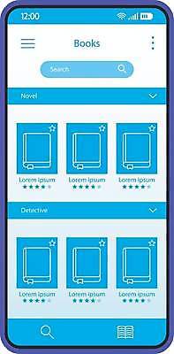EPS 해외이미지 일러스트 모바일 사람없음 책 파란색 스마트폰 전자책 어플리케이션 온라인쇼핑 UI 검색창 목록 온라인몰 인터페이스 즐겨찾기 인터넷서점 해외일러스트 컬러 핸드폰 스마트기기 쇼핑 온라인 서점 파일형식 벡터 이미지허브