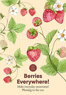 EPS 해외이미지 포스터 일러스트 딸기 사람없음 노란색 딸기꽃 잎줄기 딸기잎 해외일러스트 꽃 줄기 컬러 잎 과일 파일형식 벡터 이미지허브