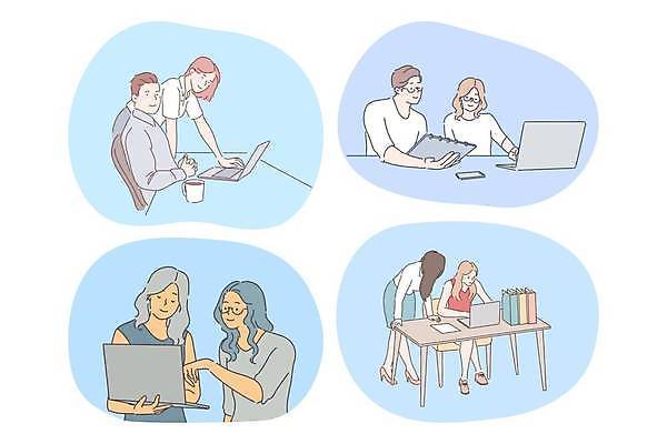 EPS 해외이미지 전신 여자 남자 일러스트 회의 협력 함께함 앉기 여러명 상반신 성인 노트북 공책 가리킴 업무 책상 동료 성인만 해외일러스트 가구 다수 컨셉 비즈니스 관계 모션 문구용품 사람 손짓 전자제품 작업 파일형식 벡터 이미지허브