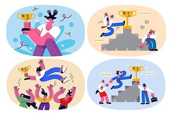 EPS 해외이미지 전신 여자 남자 일러스트 비즈니스 함께함 서기 들기 앉기 여러명 상반신 축하 우승 좌절 목표 상패 트로피 직원 리더 오르기 단상 승자 헹가래 성인만 해외일러스트 감정 다수 컨셉 모션 사람 최고 상_우승 파일형식 벡터 이미지허브