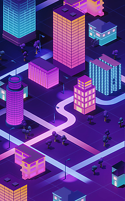 EPS 해외이미지 나무 길 가로등 일러스트 주택 사람없음 건물 파란색 빛 3D 보라색 고층빌딩 도시 네온 그라데이션 스카이라인 해외일러스트 식물 건축물 공공시설 컬러 빌딩 디지털합성 파일형식 벡터 이미지허브