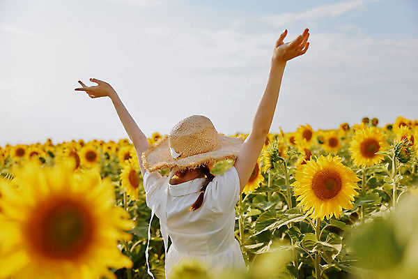 포토 JPG 해외이미지 주간 여자 꽃밭 해바라기 한명 상반신 성인 야외 뒷모습 손들기 만세 소프트포커스 밀짚모자 성인여자한명만 해외포토 자연요소 모자_잡화 1 꽃 뷰포인트 모션 촬영기법 사람 여자한명만 성인여자만 파일형식 이미지허브