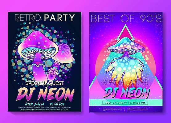 EPS 해외이미지 일러스트 타이포그라피 사람없음 반짝임 세트 파티 보라색 버섯 원형 삼각형 사이버 DJ 복고 네온 테크노 해외일러스트 도형 문자 컬러 모션 이벤트 파일형식 벡터 이미지허브