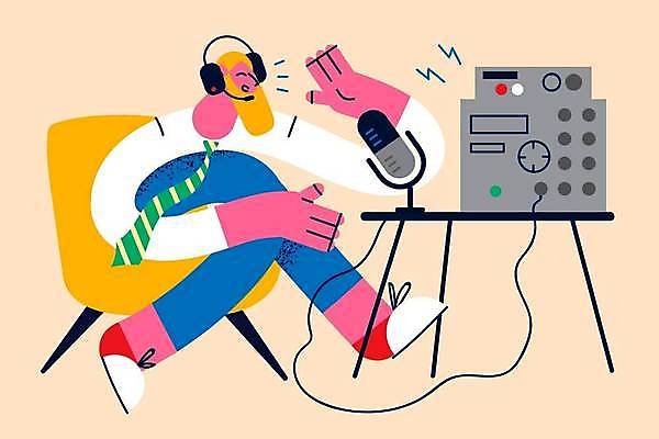 EPS 해외이미지 전신 남자 의자 일러스트 말하기 한명 앉기 성인 헤드폰 장비 마이크 라디오 방송 성인남자한명만 해외일러스트 1 음향기기 가구 모션 사람 전자제품 남자한명만 성인남자만 파일형식 벡터 이미지허브