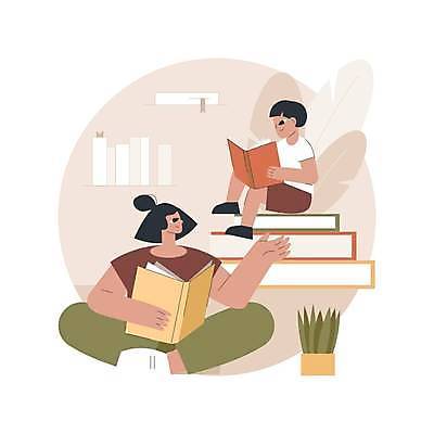 EPS 해외이미지 라이프스타일 여자 남자 화분 어린이 일러스트 책장 들기 앉기 손짓 소년 성인 두명 책 독서 해외일러스트 가구 모션 사람 생활 파일형식 벡터 이미지허브