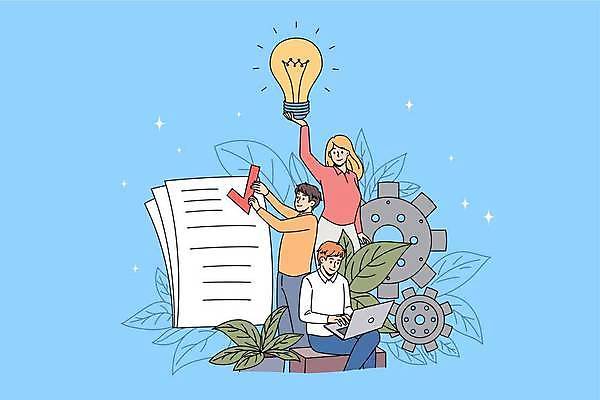 EPS 해외이미지 여자 남자 잎 일러스트 전구 협력 아이디어 함께함 들기 앉기 성인 세명 파란색 노트북 업무 비즈니스맨 비즈니스우먼 동료 체크표시 톱니바퀴 문서 성인만 해외일러스트 식물 컬러 컨셉 비즈니스 관계 모션 사람 전자제품 작업 직장인 확인 파일형식 벡터 이미지허브