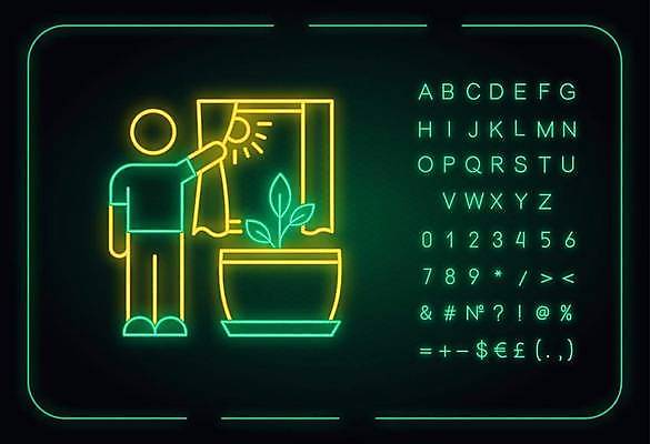 EPS 해외이미지 전신 알파벳 화분 화초 선 백그라운드 일러스트 한명 사람 타이포그라피 태양 커튼 화려 심볼 네온 형광등 해외일러스트 자연요소 식물 문자 1 영어 컨셉 전등 파일형식 벡터 이미지허브
