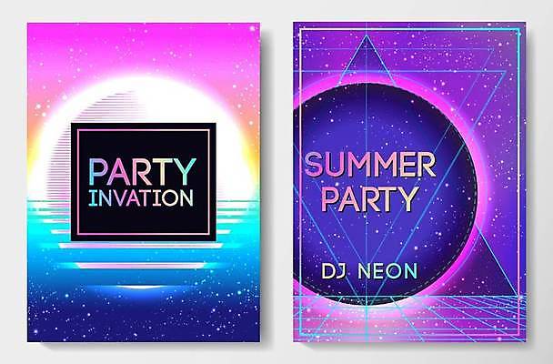 EPS 해외이미지 일러스트 사람없음 파란색 반짝임 세트 파티 보라색 원형 삼각형 사이버 DJ 복고 초대장 네온 테크노 해외일러스트 도형 컬러 모션 카드_감사 이벤트 파일형식 벡터 이미지허브