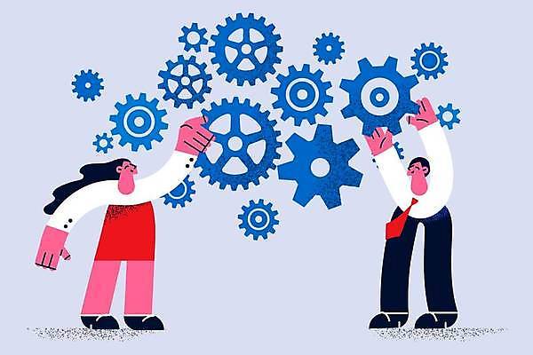 EPS 해외이미지 전신 여자 남자 일러스트 협력 서기 성인 두명 손들기 만세 비즈니스맨 비즈니스우먼 동료 톱니바퀴 성인만 해외일러스트 비즈니스 관계 모션 사람 직장인 파일형식 벡터 이미지허브