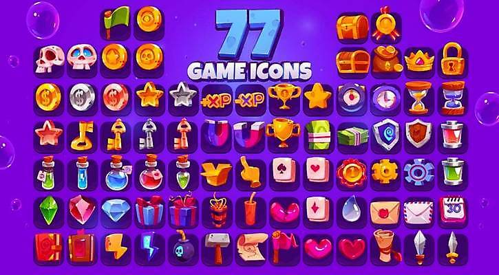 EPS 해외이미지 별 일러스트 해골 사람없음 선물상자 세트 게임 망치 나침반 건전지 보석 폭탄 트로피 금화 엘리먼트 해외일러스트 자연요소 놀이 뼈 선물 상자 공구 황금 광석 폭발물 상_우승 파일형식 벡터 이미지허브