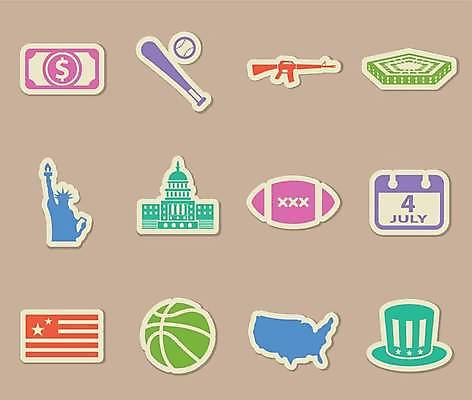 EPS 해외이미지 스티커 지폐 일러스트 농구공 사람없음 세트 컬러풀 라벨 달러 미국 총 달력 야구방망이 국기 야구공 자유의여신상 럭비공 국회의사당 백악관 해외일러스트 무기 컬러 돈 북아메리카 공 프레임 농구 세계문화유산 야구용품 럭비용품 파일형식 벡터 이미지허브