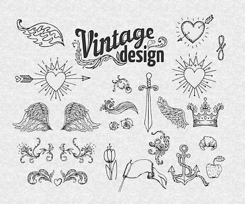 EPS 해외이미지 디자인 라인일러스트 일러스트 왕관 사람없음 세트 하트 깃발 빈티지 클래식 칼 사과 수집 닻 엘리먼트 해외일러스트 모양 컨셉 과일 파일형식 벡터 이미지허브
