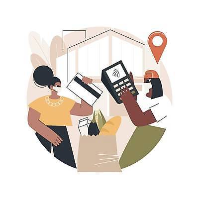 EPS 해외이미지 라이프스타일 여자 음식 일러스트 식재료 들기 상반신 성인 두명 종이봉투 신용카드 직원 결제 마스크착용 카드단말기 성인여자만 해외일러스트 모션 봉투 마스크 사람 생활 금융 사회이슈 단말기 여자만 성인만 파일형식 벡터 이미지허브