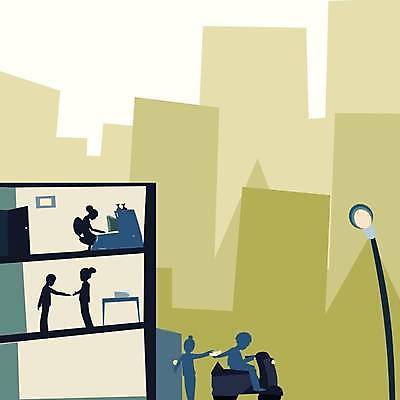 EPS 해외이미지 여자 남자 백그라운드 일러스트 프레임 건물 배달원 카피스페이스 해외일러스트 직업 건축물 사람 공백 파일형식 벡터 이미지허브