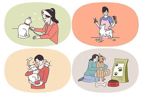 EPS 해외이미지 라이프스타일 여자 남자 행복 어린이 여러마리 일러스트 가족 청진기 안기 포옹 함께함 사랑 들기 앉기 여러명 성인 반려동물 고양이 개 강아지 밥그릇 주인 간호사모자 개뼈다귀 개사료 돌봄 미용가위 병원놀이 빗금 애견미용 애견미용사 펫케어 들어올리기 반려묘 펫팸족 해외일러스트 동물 모자_잡화 그릇 감정 다수 컨셉 포유류 관계 의료기기 모션 놀이 가위_도구 관리 사람 생활 뷰티 미용용품 먹이 미용사 신조어 대각선 애견간식 파일형식 벡터 이미지허브