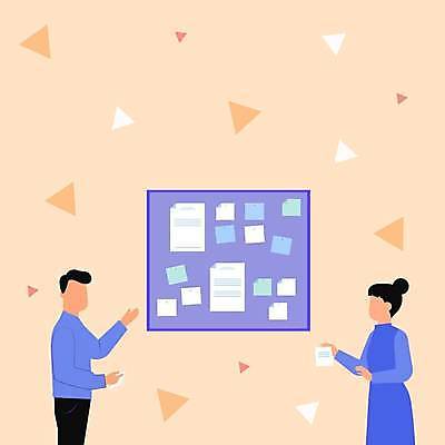 EPS 해외이미지 여자 남자 백그라운드 일러스트 비즈니스 아이디어 알림판 들기 상반신 성인 두명 메모지 베이지색 성인만 카피스페이스 해외일러스트 컬러 컨셉 모션 사람 사무용품 공백 파일형식 벡터 이미지허브