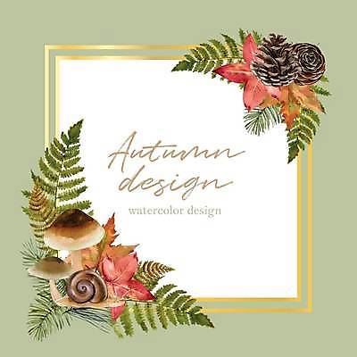 EPS 해외이미지 한마리 단풍 낙엽 잎 일러스트 사각프레임 사람없음 연두색 버섯 분위기 손그림 솔방울 감성 해외일러스트 식물 1 컨셉 프레임 초록색 사각형 파일형식 벡터 이미지허브