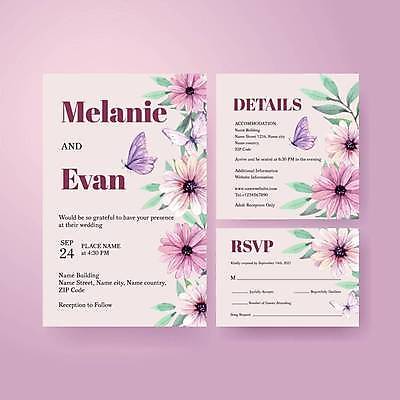 EPS 해외이미지 꽃 분홍색 나비 잎 일러스트 사람없음 분위기 청첩장 손그림 감성 해외일러스트 식물 컬러 곤충 컨셉 카드_감사 파일형식 벡터 이미지허브